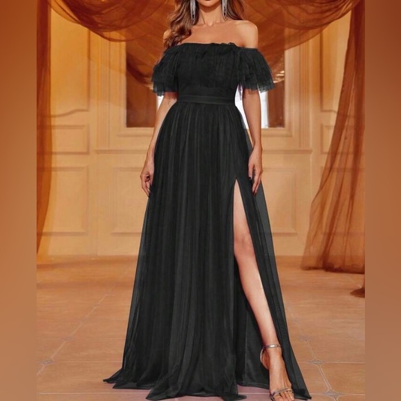 Luxe off shoulder mesh party formal gown dress - Picture 6 of 6